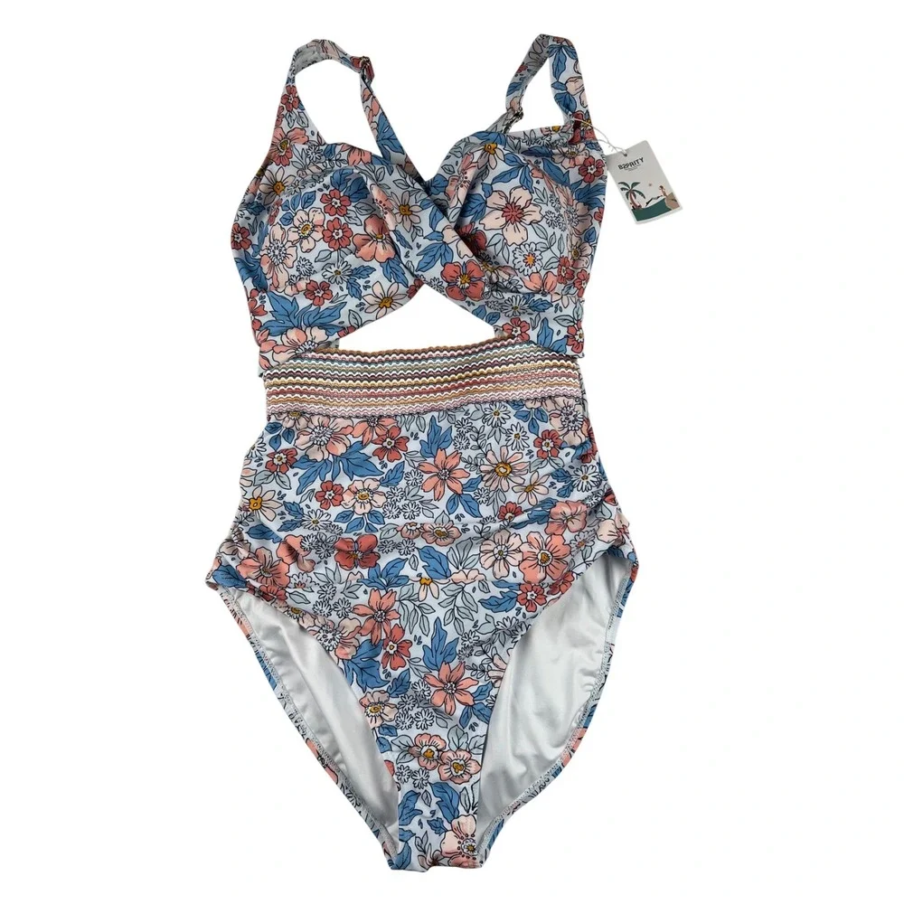 B2PRITY Floral One‎ Piece Swimsuit Blue Pink Cutout Wrap Front Medium NWT